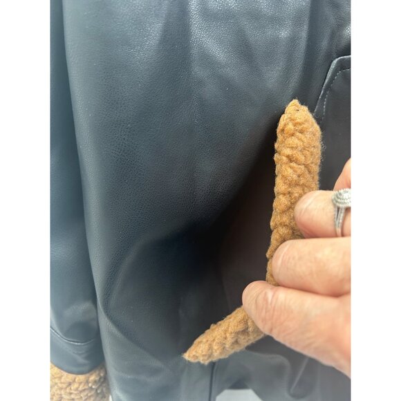 Sherpa Aviator Jacket Womens Large Faux Leather Black Brown Teddy Collar Fall - Picture 3 of 7